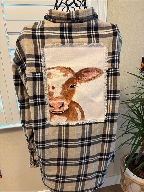 Handmade Tops - Handmade one of a kind Plaid Cow Patch Long-Sleeve Button-Up Shirt
